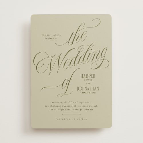 This is a moss wedding invitations with standard by Kate Ahn called mirin printing on signature in standard