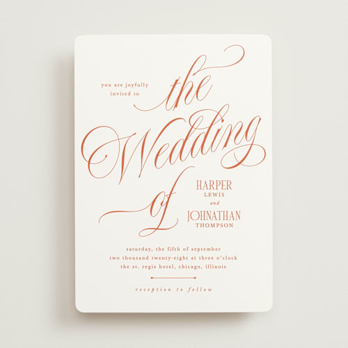 This is a sunset wedding invitations with standard by Kate Ahn called mirin printing on signature in standard