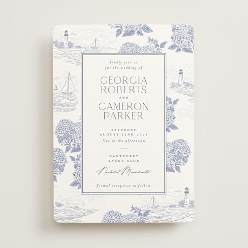 This is a periwinkle wedding invitations with standard by Jenna Holcomb called coastal toile printing on signature in standard