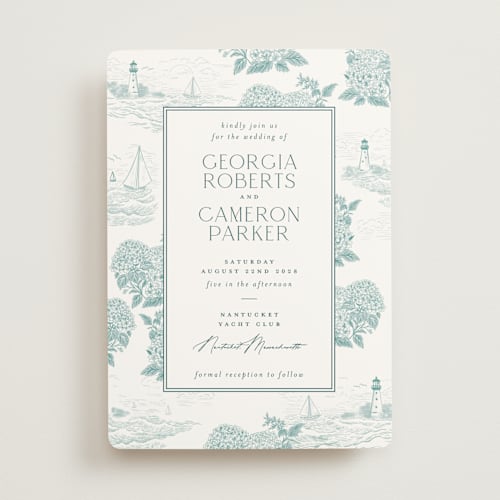 This is a seaglass wedding invitations with standard by Jenna Holcomb called coastal toile printing on signature in standard
