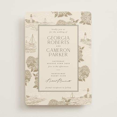 This is a sand wedding invitations with standard by Jenna Holcomb called coastal toile printing on signature in standard