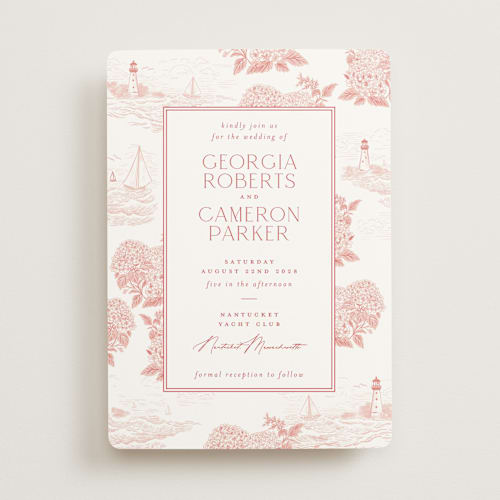 This is a coral wedding invitations with standard by Jenna Holcomb called coastal toile printing on signature in standard