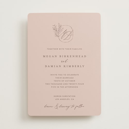 This is a blush wedding invitations with standard by Lucrecia Caporale called delicate monogram printing on signature in standard