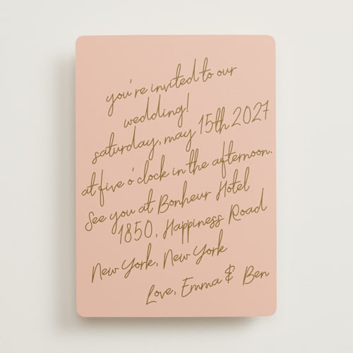 This is a butterscotch wedding invitations with standard by Helena Vitto called handwritten letter printing on signature in standard