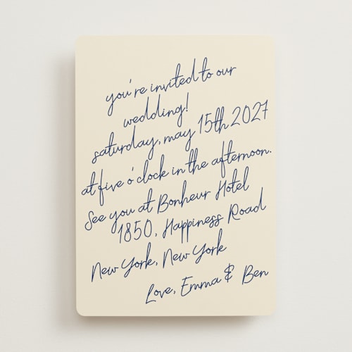 This is a blue velvet wedding invitations with standard by Helena Vitto called handwritten letter printing on signature in standard
