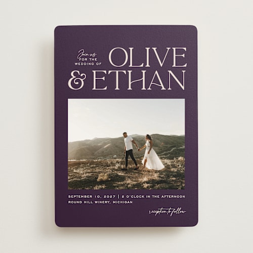 This is a plum wedding invitations with standard by Owl and Toad called casual printing on signature in standard