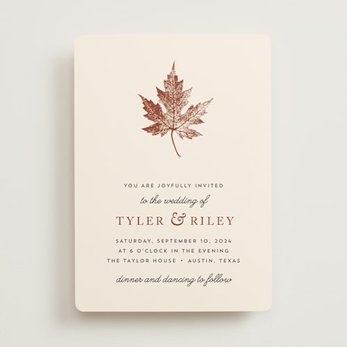 This is a rust wedding invitations with standard by Katharine Watson called leaf print printing on signature in standard