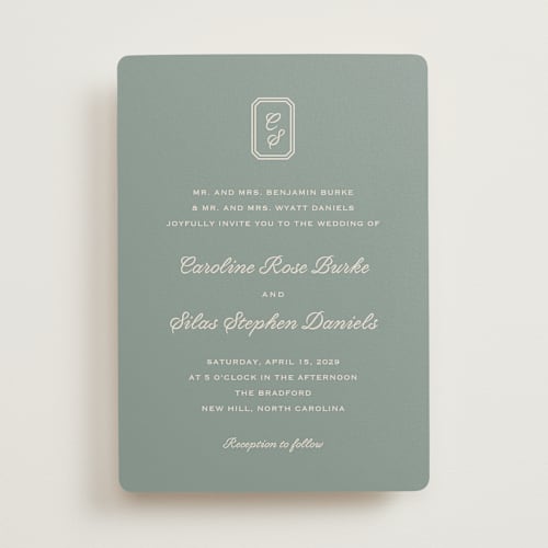 This is a sage wedding invitations with standard by Carolyn MacLaren called bevel monogram printing on signature in standard