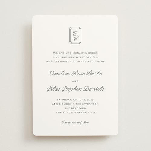 This is a dove wedding invitations with standard by Carolyn MacLaren called bevel monogram printing on signature in standard