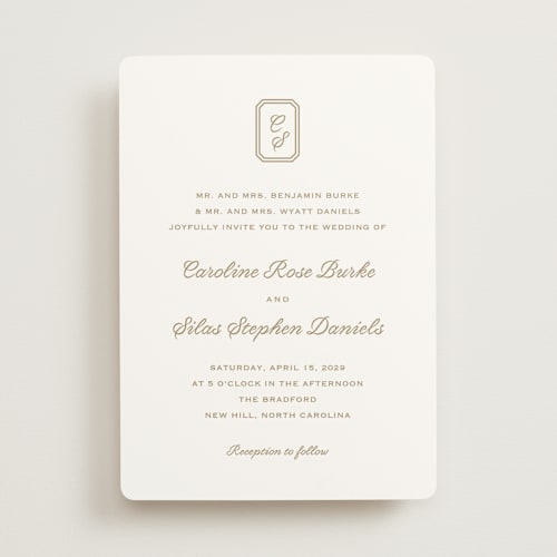 This is a champagne wedding invitations with standard by Carolyn MacLaren called bevel monogram printing on signature in standard