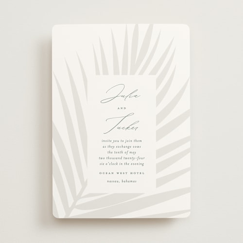 This is a mist wedding invitations with standard by Lauren Chism called faded palm printing on signature in standard