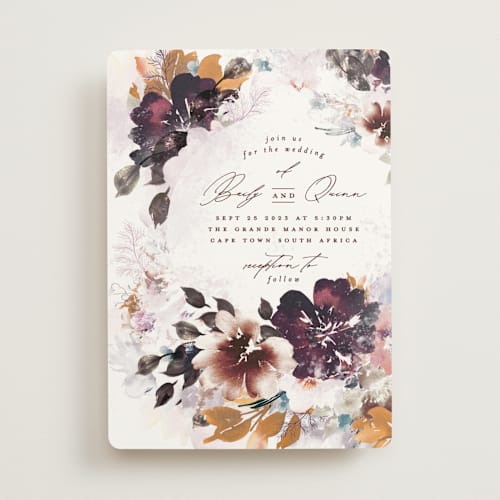 This is a autumn wedding invitations with standard by Phrosné Barwood called lush bouquet printing on signature in standard