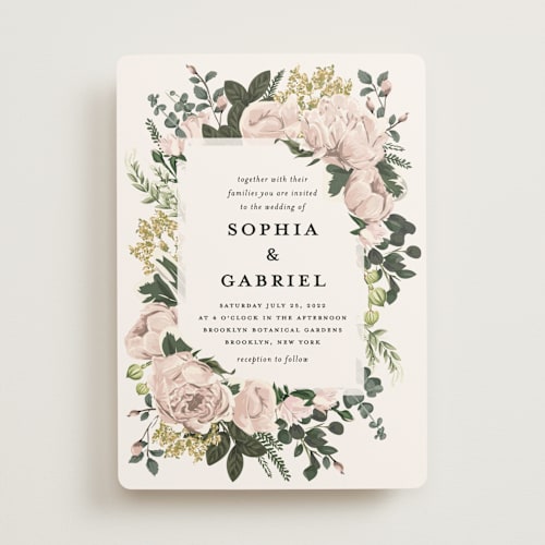 This is a blush wedding invitations with standard by Susan Moyal called peonies forever printing on signature in standard