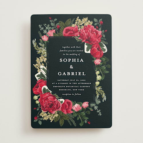 This is a crimson wedding invitations with standard by Susan Moyal called peonies forever printing on signature in standard