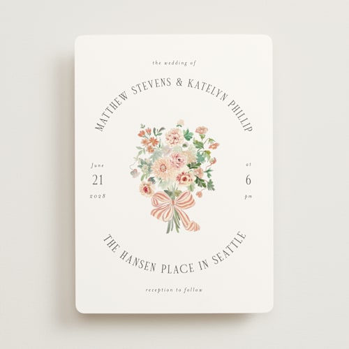 This is a peach wedding invitations with standard by Itsy Belle Studio called ruban en fleur printing on signature in standard