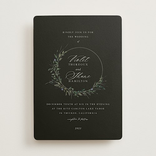 This is a cerulean wedding invitations with standard by Lori Wemple called green wreath printing on signature in standard
