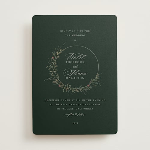 This is a forest wedding invitations with standard by Lori Wemple called green wreath printing on signature in standard