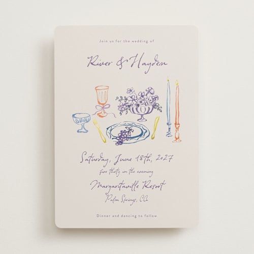 This is a hydrangea wedding invitations with standard by Cass Loh called tablescape drawing printing on signature in standard