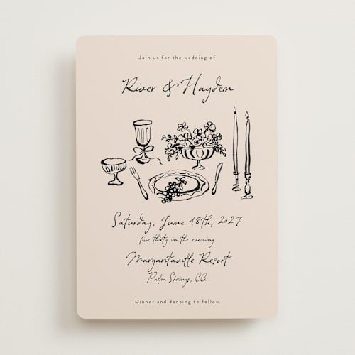 This is a black dahlia wedding invitations with standard by Cass Loh called tablescape drawing printing on signature in standard