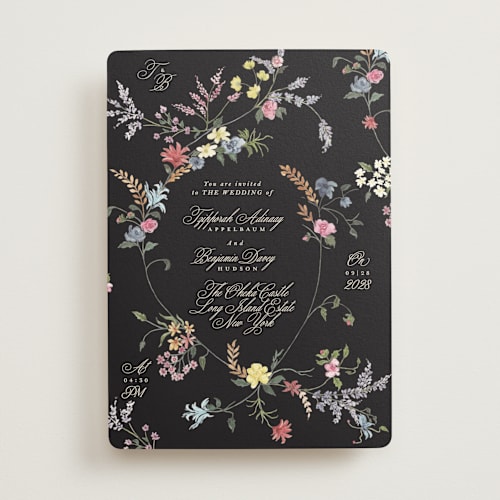 This is a midnight park wedding invitations with standard by Phrosné Barwood called whimsey floral printing on signature in standard