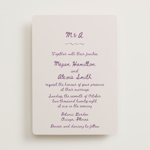 This is a lilac wedding invitations with standard by Cass Loh called simple monogram printing on signature in standard