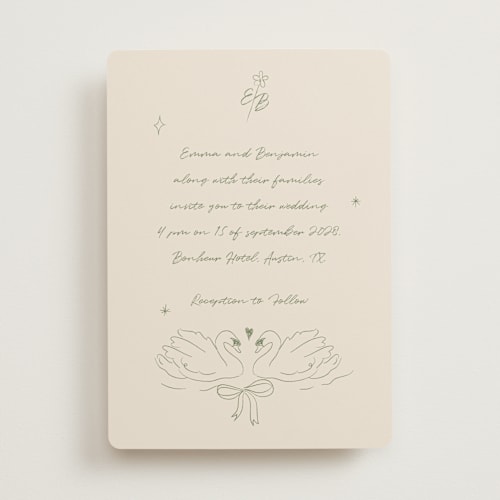 This is a olive wedding invitations with standard by Helena Vitto called the swan printing on signature in standard