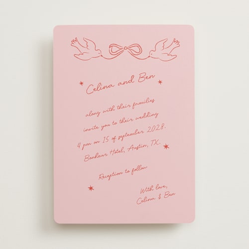 This is a peach wedding invitations with standard by Helena Vitto called the bird song printing on signature in standard