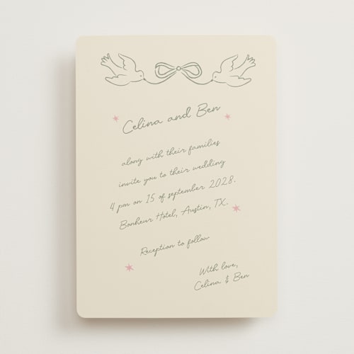 This is a sage wedding invitations with standard by Helena Vitto called the bird song printing on signature in standard