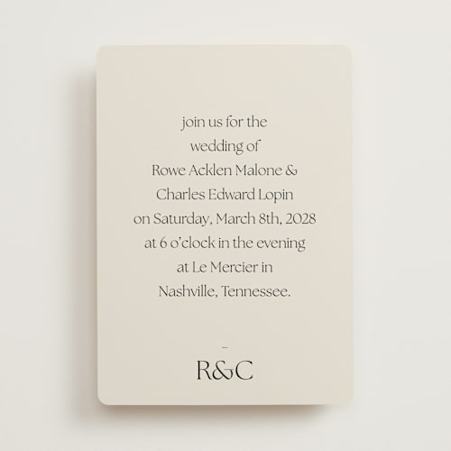 This is a sandstone wedding invitations with standard by Sara Hicks Malone called monogram edit printing on signature in standard