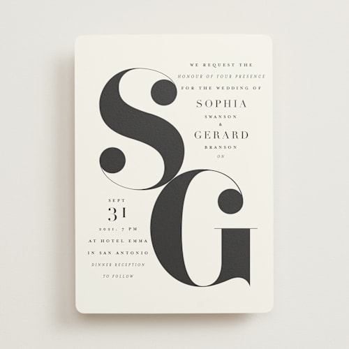 This is a buttercream wedding invitations with standard by Lori Wemple called modern initials printing on signature in standard