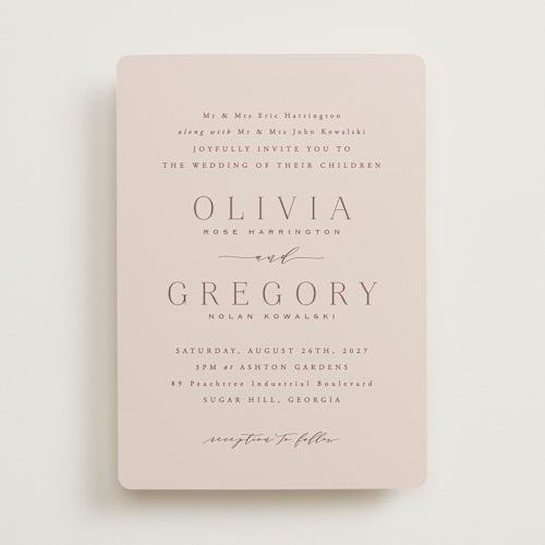 This is a dusty rose wedding invitations with standard by Hooray Creative called classy type printing on signature in standard