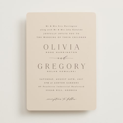 This is a coffee wedding invitations with standard by Hooray Creative called classy type printing on signature in standard