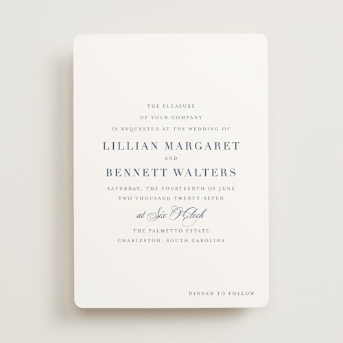 This is a navy wedding invitations with standard by Megan Davis called charleston printing on signature in standard