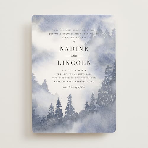 This is a frost wedding invitations with standard by Stacey Meacham called misty trees printing on signature in standard