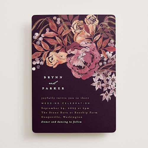 This is a mauve wedding invitations with standard by Alethea and Ruth called fall floral printing on signature in standard