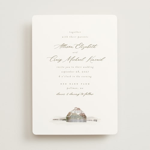 This is a fawn wedding invitations with standard by AK Graphics called rustic barn printing on signature in standard