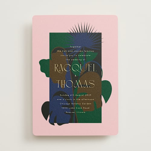 This is a blush wedding invitations with standard by Baumbirdy called modern tropics printing on signature in standard