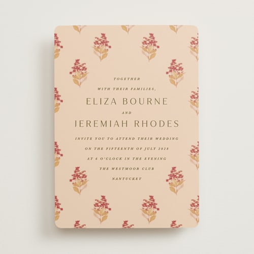 This is a sunset wedding invitations with standard by Olivia Kanaley Inman called blockprint printing on signature in standard