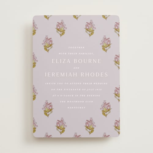 This is a violet wedding invitations with standard by Olivia Kanaley Inman called blockprint printing on signature in standard