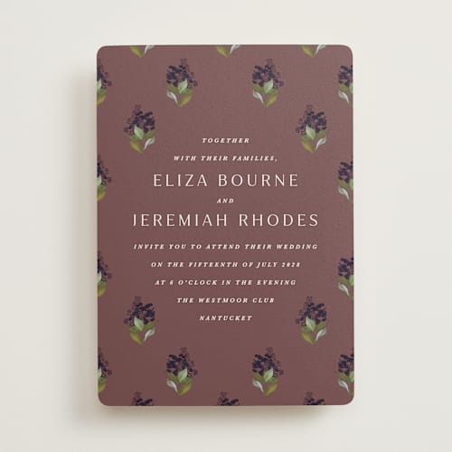This is a merlot wedding invitations with standard by Olivia Kanaley Inman called blockprint printing on signature in standard