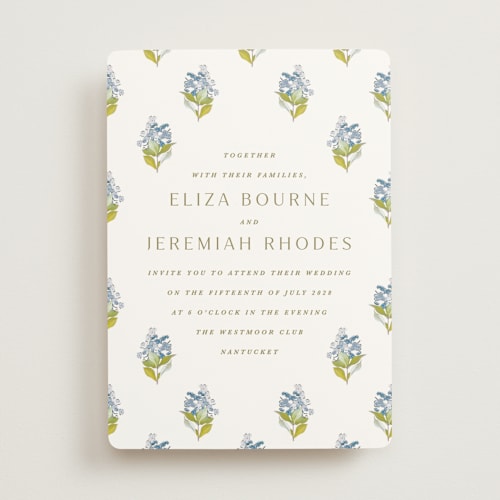 This is a bluebell wedding invitations with standard by Olivia Kanaley Inman called blockprint printing on signature in standard