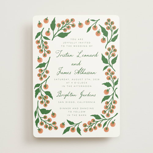 This is a cantaloupe wedding invitations with standard by Katharine Watson called cherry tomatoes printing on signature in standard
