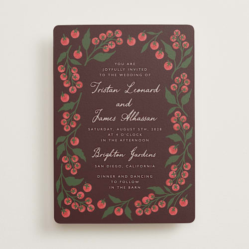 This is a plum wedding invitations with standard by Katharine Watson called cherry tomatoes printing on signature in standard