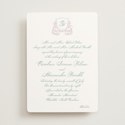 This is a lavender wedding invitations with standard by Creo Study called royalty printing on signature in standard