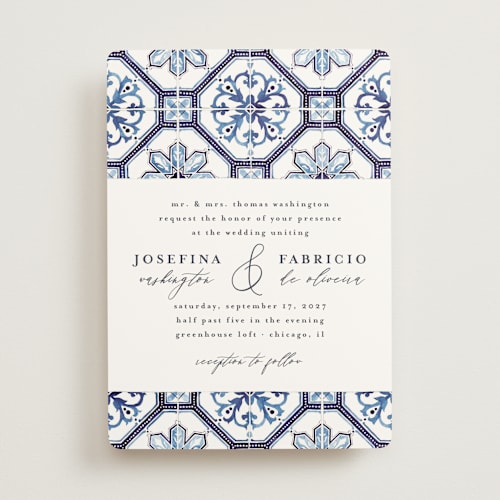 This is a azure wedding invitations with standard by Anastasia Makarova called watercolor azulejo printing on signature in standard