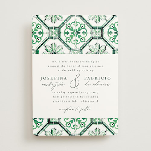 This is a emerald wedding invitations with standard by Anastasia Makarova called watercolor azulejo printing on signature in standard