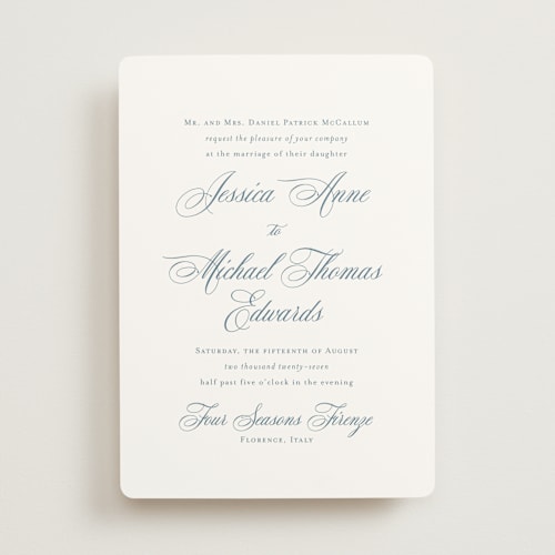 This is a dusty blue wedding invitations with standard by Jennifer Postorino called empire printing on signature in standard