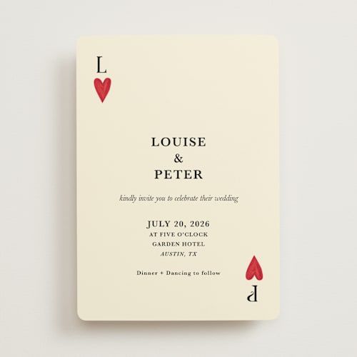 This is a champagne wedding invitations with standard by Helena Vitto called red hearts printing on signature in standard