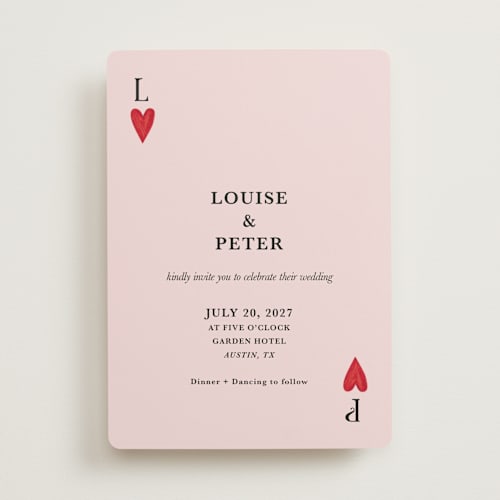 This is a dusty rose wedding invitations with standard by Helena Vitto called red hearts printing on signature in standard