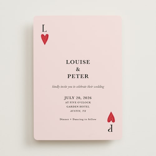 This is a dusty rose wedding invitations with standard by Helena Vitto called red hearts printing on signature in standard